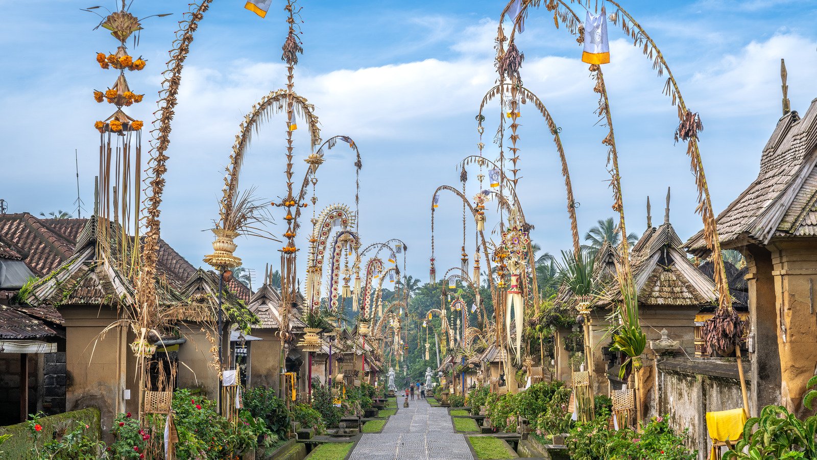 Penglipuran Traditional Village decorated with penjors for Galungan, Bali Indonesia